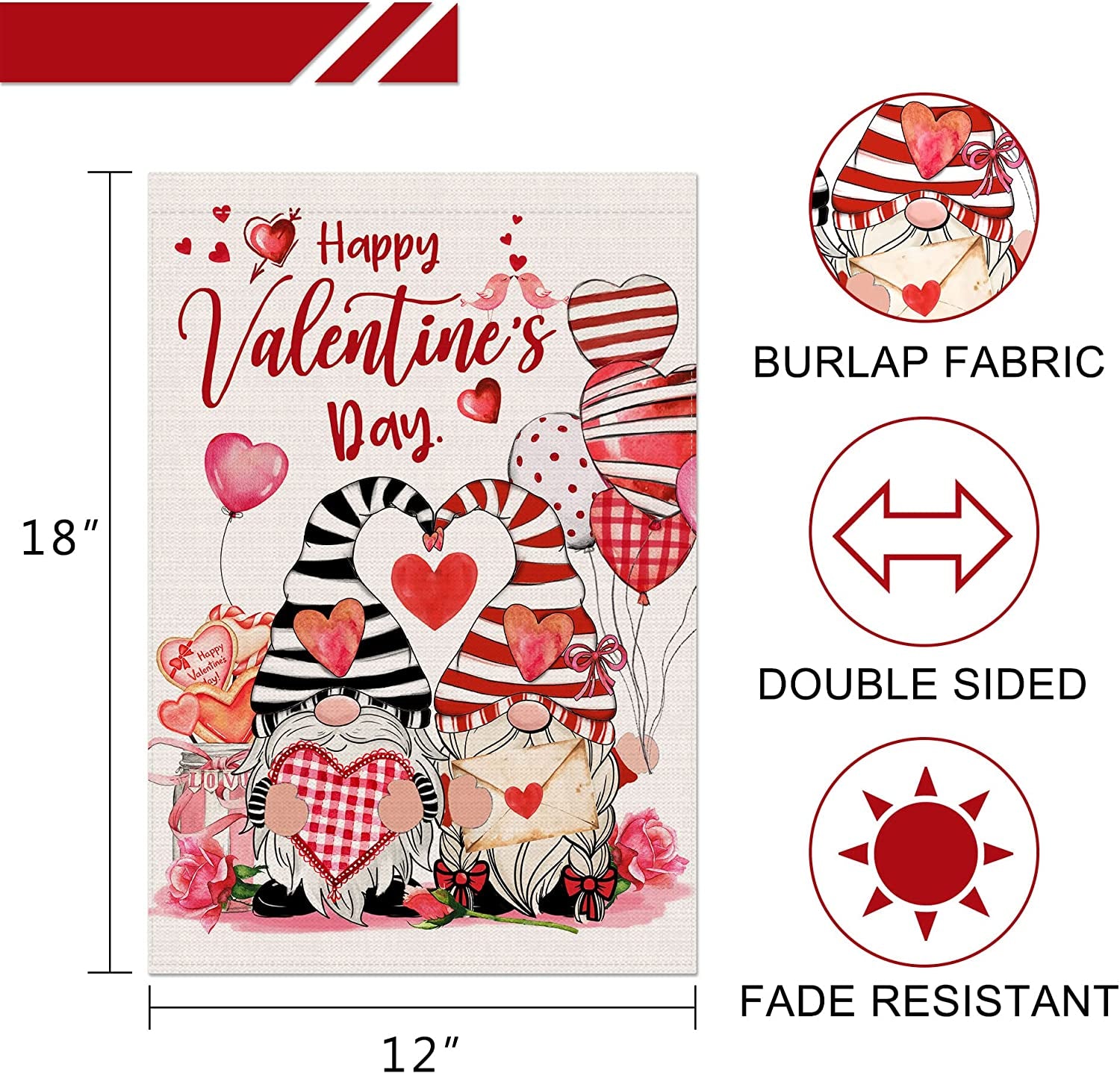 Valentines Day Garden Flag, Burlap Valentines Flag 12X18 Double Sided, Small Valentine Farmhouse Ourdoor Gnomes Welcome Love Yard Decor